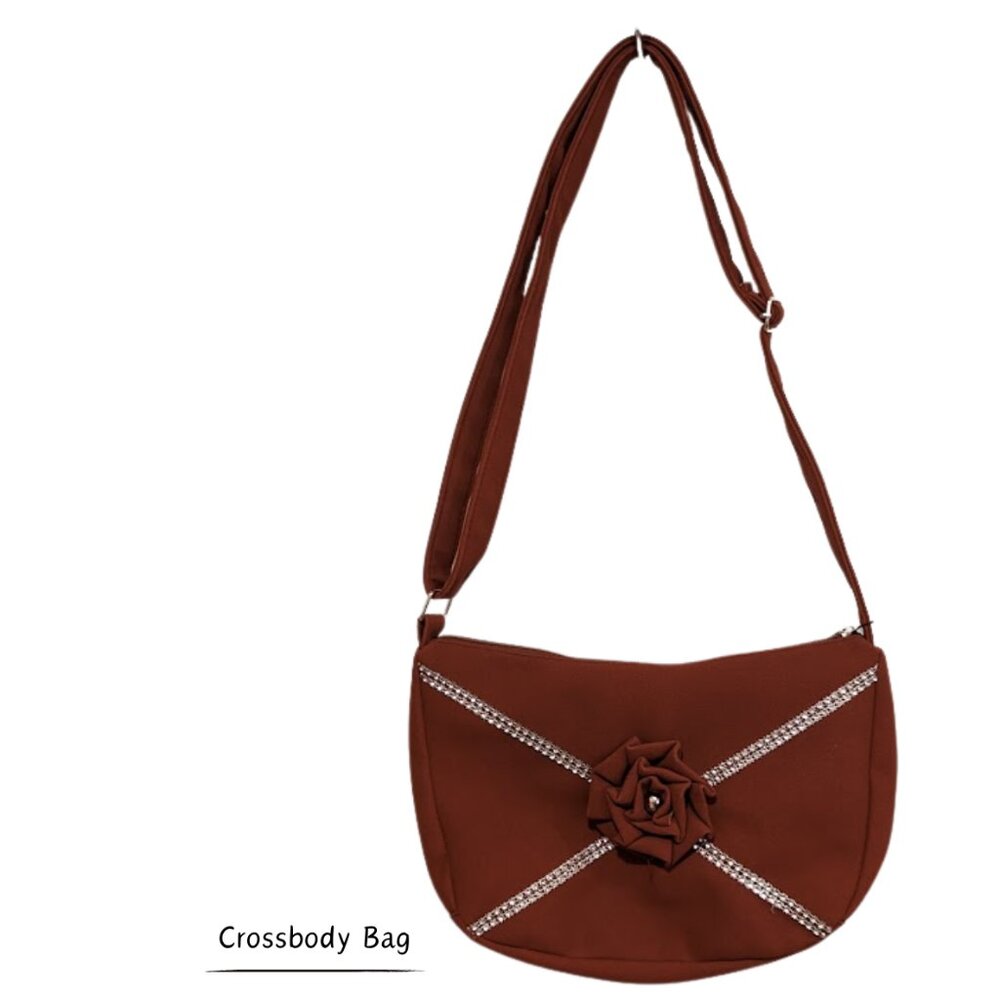 Women's Crossbody Medium Sized Russet Brown Vegan Faux Leather Bag w/ Floral NWT